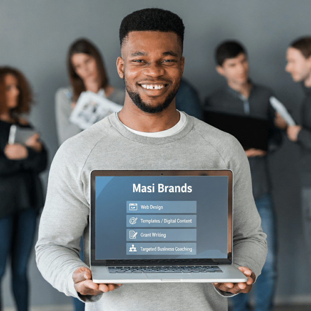 A man holding a laptop displaying Masi brand services